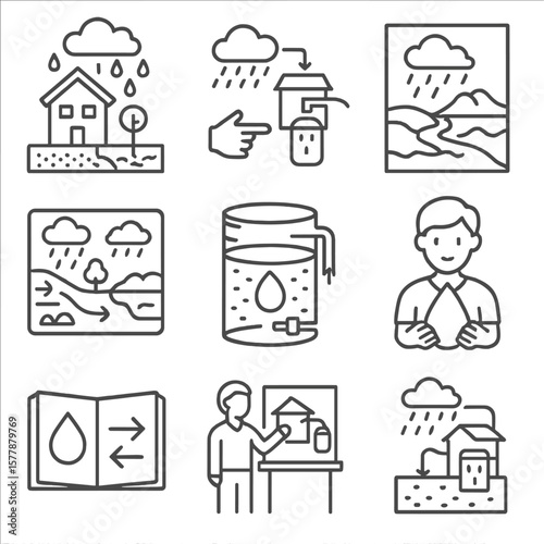 Educational Rain Icons. Line style icons of educational rain models: school rain model cutaway, interactive roof tank diagram,
