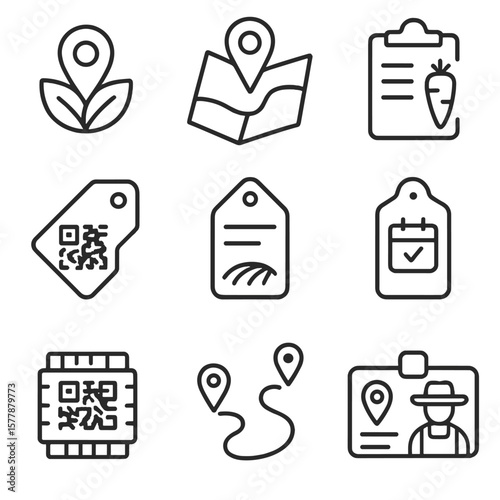Traceability Line Icons. Line style icons of transparency and traceability: crop origin icon, farm location map, produce log chart
