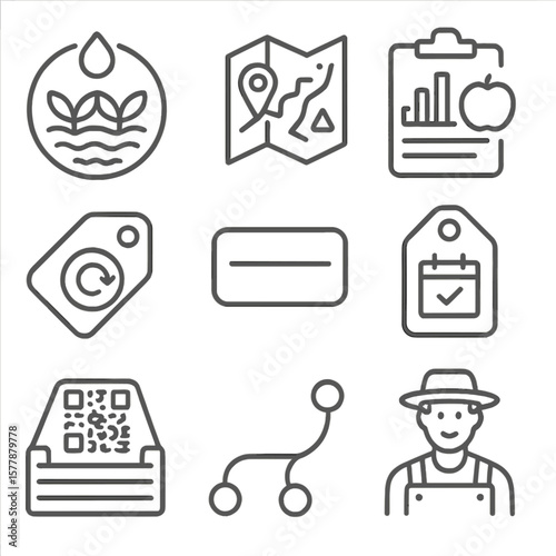 Traceability Line Icons. Line style icons of transparency and traceability: crop origin icon, farm location map, produce log chart