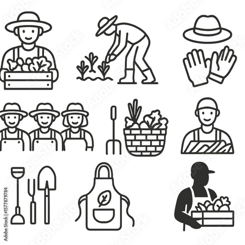 Farm Harvest Icons. Line style icons of farm workers and harvesters: farmer with box, picker in field, wheelbarrow with harvest,