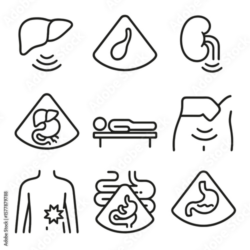 Abdominal Ultrasound Icons. Line style icons of abdominal ultrasound: liver scan symbol, gallbladder outline, kidney with wave
