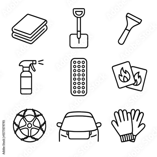 Winter Emergency Icons. Line style icons of winter emergency items: thermal blanket, snow shovel, ice scraper, window defroster