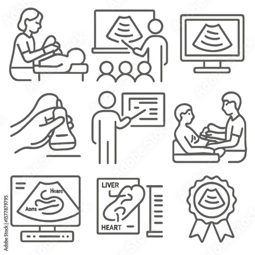 Ultrasound Education Icons. Line style icons of ultrasound education and training: student scanning dummy, classroom with screen,