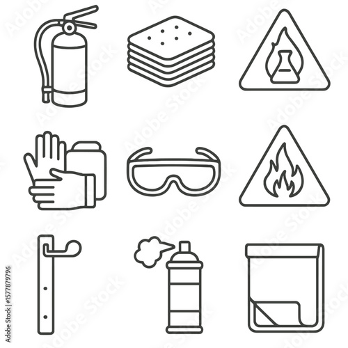 Fire and Chemical Safety Icons. Line style icons of fire and chemical safety items: fire extinguisher, absorbent pads, chemical
