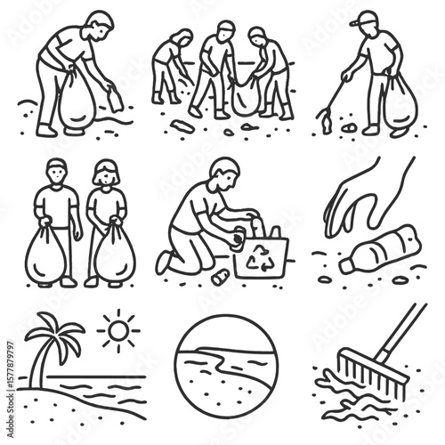 Beach Cleanup Icons. Line style icons of beach cleanup activities: volunteer picking up trash, group cleaning shoreline, person