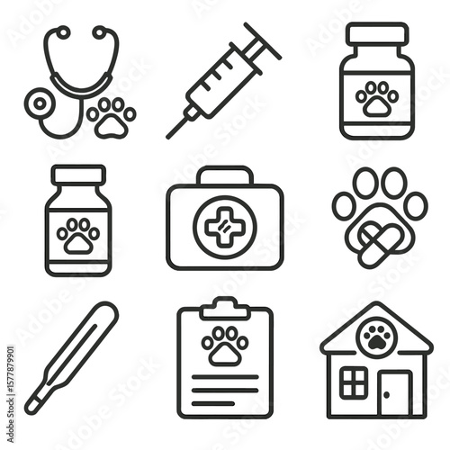 Vet Care Icons. Line style icons of vet and medical care: stethoscope on paw, syringe icon, pet prescription bottle, vaccine vial,