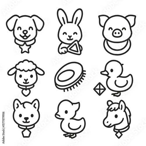 Shape Themed Animal Accessories. Line style icons of shape-themed animal accessories: star collar for puppy, triangle rattle for