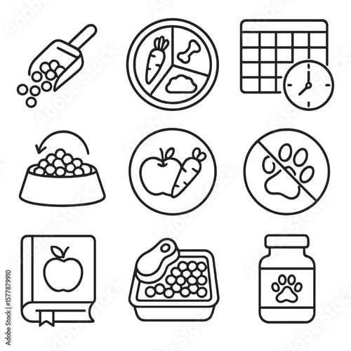 Pet Nutrition Icons. Line style icons of pet feeding and nutrition: scoop with kibble, balanced diet plate, meal schedule chart,