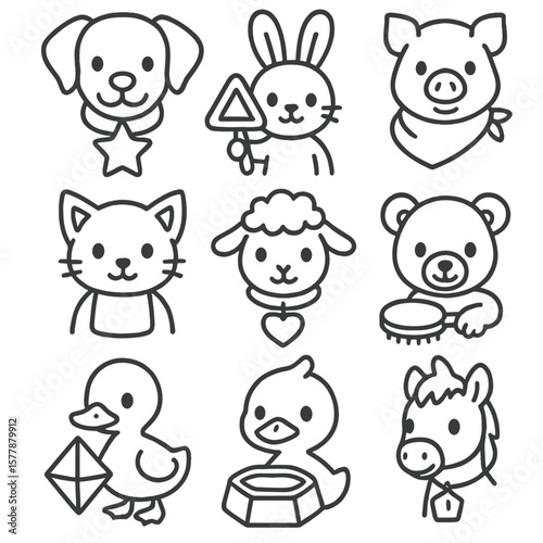 Shape Themed Animal Accessories. Line style icons of shape-themed animal accessories: star collar for puppy, triangle rattle for