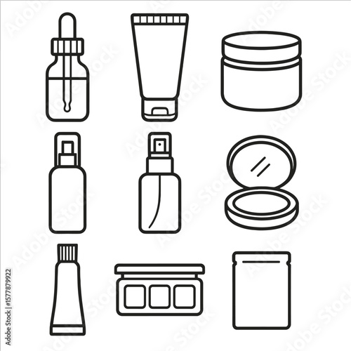 Cosmetic Packaging Icons. Line style icons of cosmetic packaging: dropper bottle, squeeze tube, jar with lid, pump dispenser,