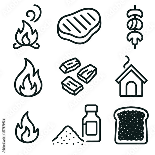 Smoky Grilled Icons. Line style icons of smoky and grilled notes: campfire smoke swirl, charred steak, grilled vegetables, wood