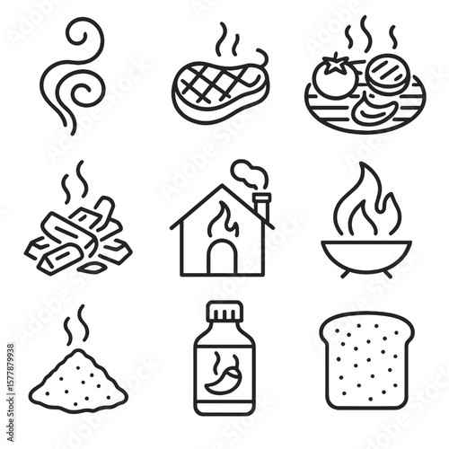 Smoky Grilled Icons. Line style icons of smoky and grilled notes: campfire smoke swirl, charred steak, grilled vegetables, wood