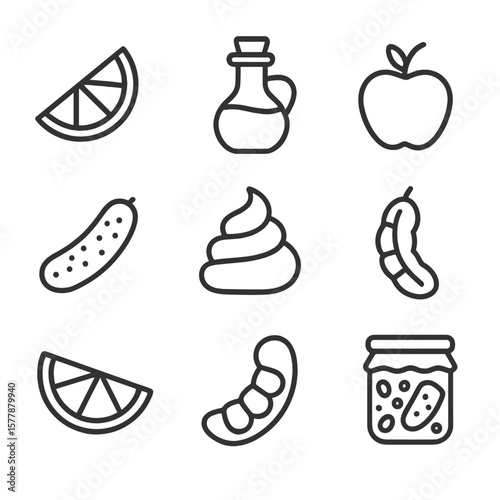 Sour Flavor Icons. Line style icons of sour flavor elements: lemon wedge, green apple, vinegar bottle, sour berry bunch, pickled