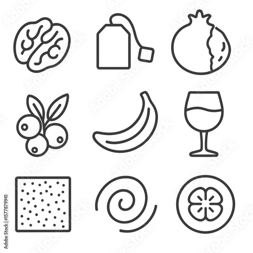Astringent Taste Icons. Line style icons of dry and astringent tastes: raw walnut icon, black tea bag, pomegranate rind, cranberry
