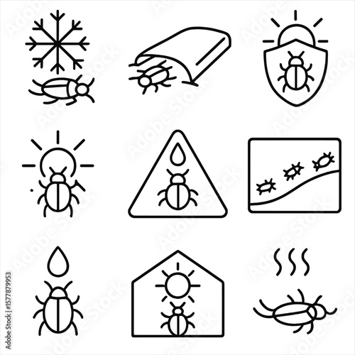 Climate Pest Control Icons. Line style icons of climate-based pest control: frost killing pests icon, solarization tarp, hot