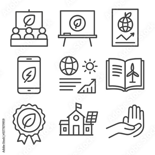 Energy Education Icons. Line style icons of education and awareness in energy: sustainability workshop icon, green classroom board