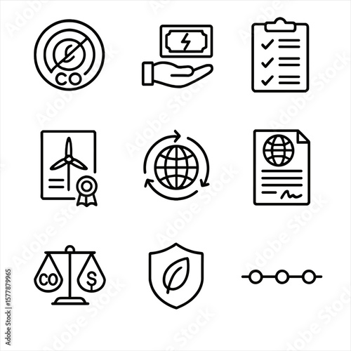 Energy Policy Icons. Line style icons of energy transition and policy: carbon neutral badge, green energy subsidy icon, energy
