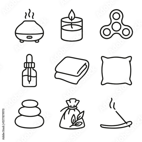 Relaxation Line Icons. Line style icons of relaxation aids and objects: aromatherapy diffuser, scented candle, fidget spinner,