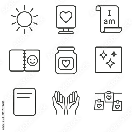Affirmation Icons Set. Line style icons of affirmations and gratitude: sun with affirmation rays, heart in mirror, “I am”