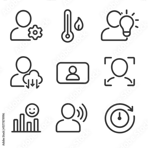 Occupant Personalization Icons. Line style icons of occupant personalization: user profile setting, temperature preference icon,