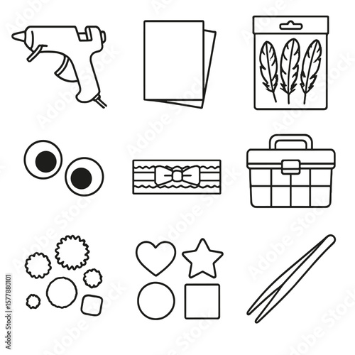 Craft Icons Collection. Line style icons of DIY and hobby crafts: glue gun, foam sheet, feathers pack, googly eyes, decorative