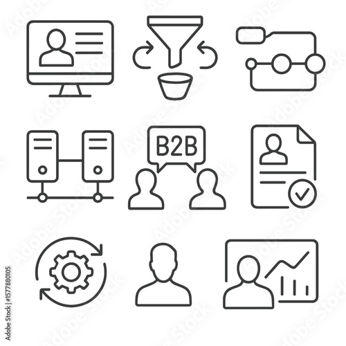 B2B Communication Icons. Line style icons of B2B communication flow: CRM icon, sales funnel integration, pipeline management,