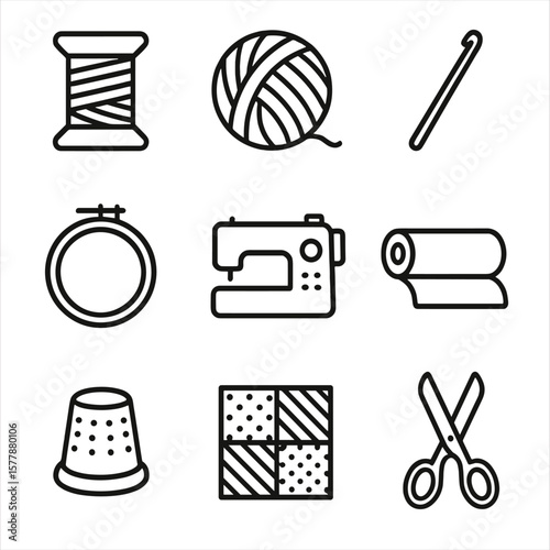Textile Craft Icons. Line style icons of textile and fiber crafts: spool of thread, yarn ball, crochet hook, embroidery hoop,