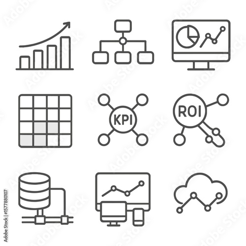 Data Analytics Icons. Line style icons of data and analytics in networks: business insights chart, data flow icon, analytics