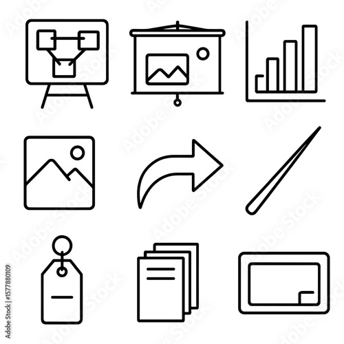 Courtroom Icons Collection. Line style icons of courtroom presentation materials: evidence board, projection screen, chart graph,