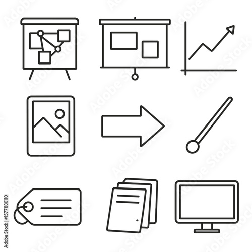 Courtroom Icons Collection. Line style icons of courtroom presentation materials: evidence board, projection screen, chart graph,