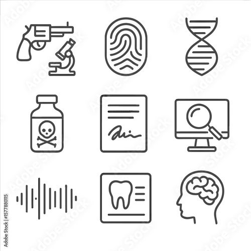Forensic Disciplines Icons. Line style icons of forensic disciplines: ballistics test, fingerprint match, DNA helix, toxicology