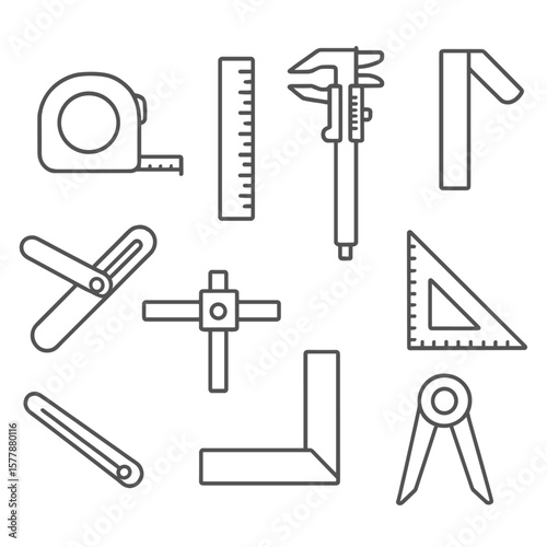 Measuring Tools Icons. Line style icons of measuring tools: tape measure, steel ruler, caliper, try square, bevel gauge, marking