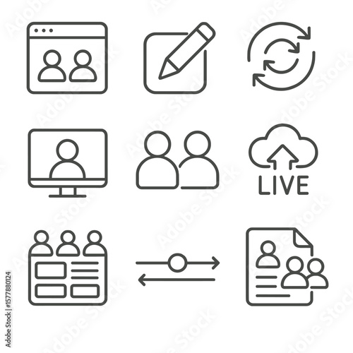 Real-Time Collaboration Icons. Line style icons of real-time collaboration: shared workspace icon, real-time edit pencil, sync in
