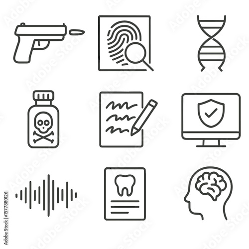 Forensic Disciplines Icons. Line style icons of forensic disciplines: ballistics test, fingerprint match, DNA helix, toxicology