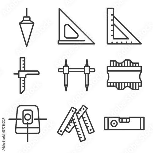 Line Style Tools Icons. Line style icons of measurement and layout: plumb bob, center finder, angle square, depth gauge, trammel