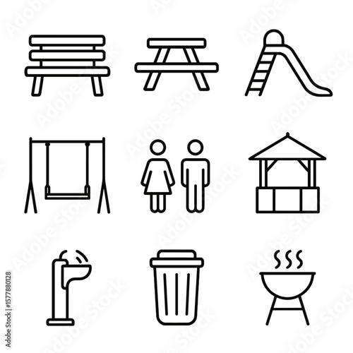 Park Facilities Icons. Line style icons of park facilities: park bench, picnic table, playground slide, swing set, public restroom
