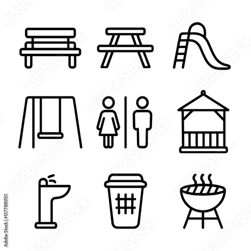 Park Facilities Icons. Line style icons of park facilities: park bench, picnic table, playground slide, swing set, public restroom