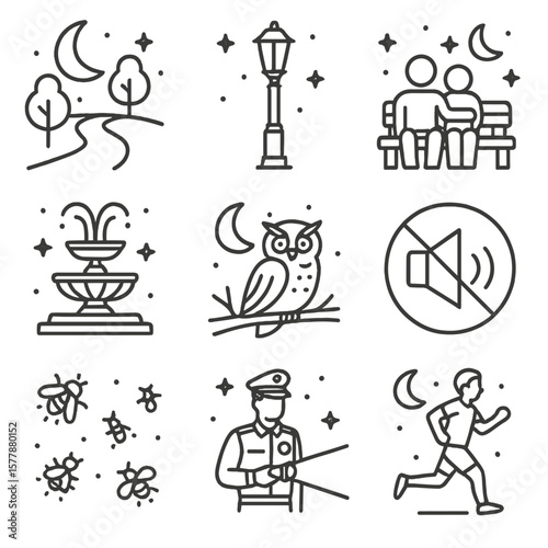 Moonlit Park Icons. Line style icons of night in the park: moonlit path, park lantern post, couple on bench under stars, lighted