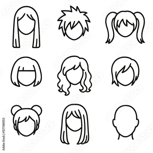 Cosplay Wig Icons. Line style icons of cosplay wig styles: long straight wig, spiky anime wig, twin tails wig, short bob cut,