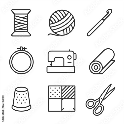 Textile Craft Icons. Line style icons of textile and fiber crafts: spool of thread, yarn ball, crochet hook, embroidery hoop,