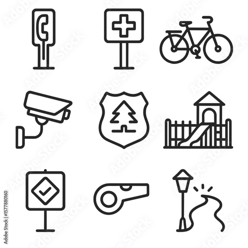 Park Safety Icons. Line style icons of park security and safety: emergency call box, first aid kit post, security patrol bike,