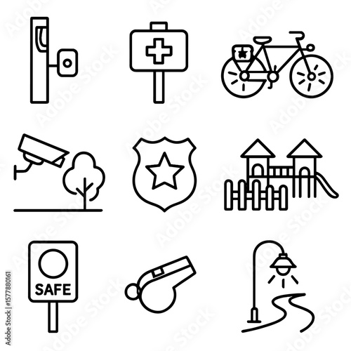 Park Safety Icons. Line style icons of park security and safety: emergency call box, first aid kit post, security patrol bike,