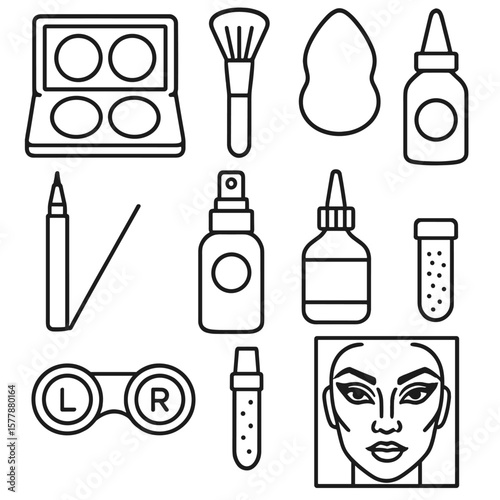 Cosplay Makeup Icons. Line style icons of makeup tools for cosplay: contour palette, blush brush, body paint sponge, eyeliner pen,