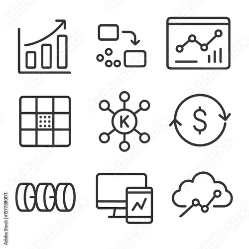 Data Analytics Icons. Line style icons of data and analytics in networks: business insights chart, data flow icon, analytics