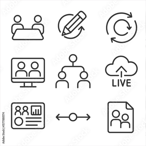 Real-Time Collaboration Icons. Line style icons of real-time collaboration: shared workspace icon, real-time edit pencil, sync in