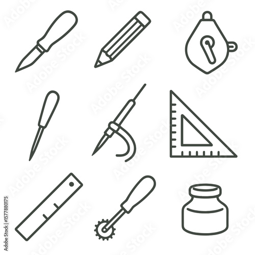 Woodworking Tool Icons. Line style icons of woodworking marking tools: marking knife, pencil, chalk line, scratch awl, scribe tool