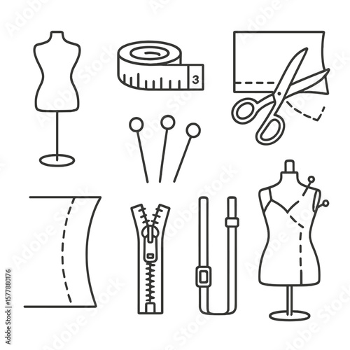 Tailoring Line Icons. Line style icons of costume fitting and tailoring: mannequin form, measuring tape, pinned hemline, pattern