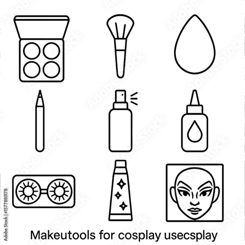 Cosplay Makeup Icons. Line style icons of makeup tools for cosplay: contour palette, blush brush, body paint sponge, eyeliner pen,