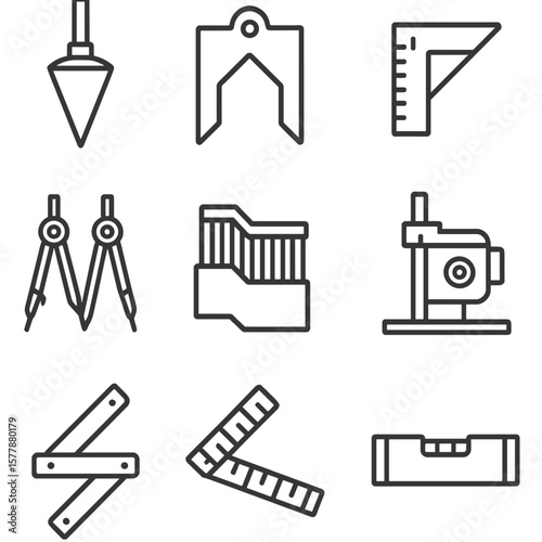 Line Style Tools Icons. Line style icons of measurement and layout: plumb bob, center finder, angle square, depth gauge, trammel