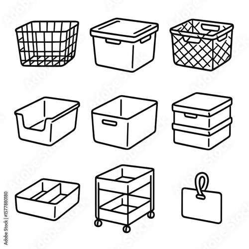Storage Organization Icons. Line style icons of organization baskets and bins: wire basket, plastic storage bin, woven pantry